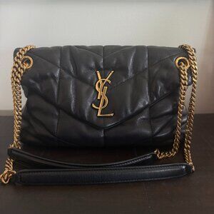 Saint Laurent Lambskin Quilted Small Loulou Puffer Monogram Chain Satchel Black